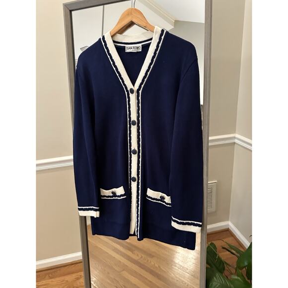 San Remo Vintage Cardigan Sweater Women’s Small Navy Blue White Trim Preppy - Picture 1 of 4